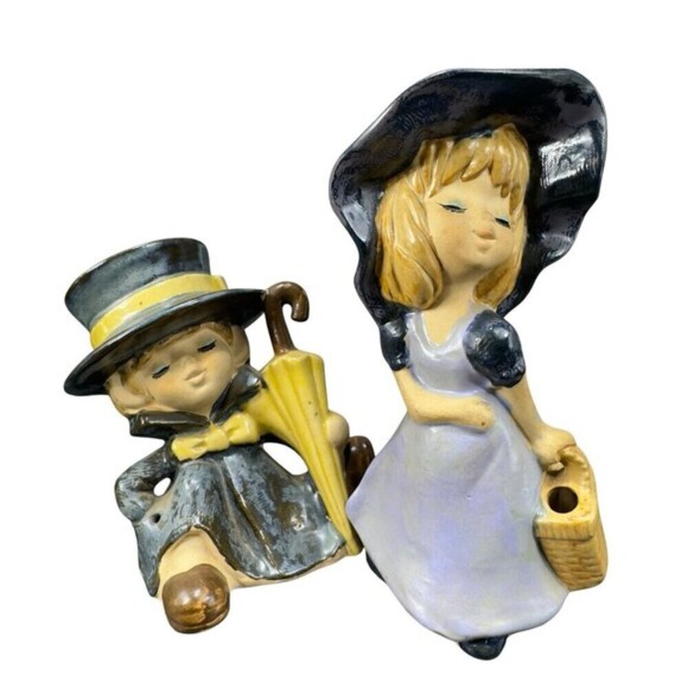 Vintage UCTCI Japan Ceramic Girl with Basket Umbrella‎ Figurine Set 2 W Stickers
